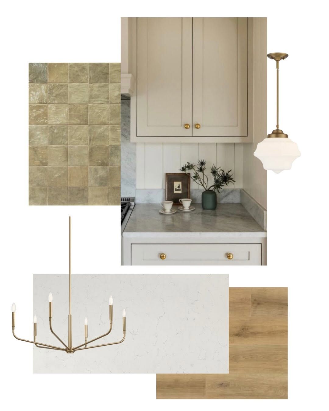 Selections board: green square tile, cream shaker cabinet, schoolhouse pendant, brass chandelier, quartz and oak samples