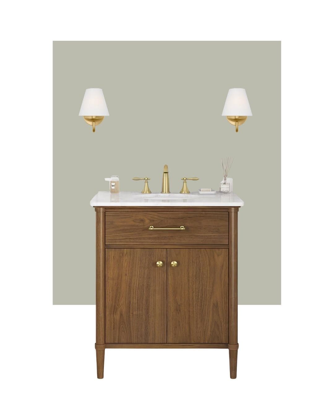 Selections board: walnut vanity, brass faucet, and sconces on a sage background